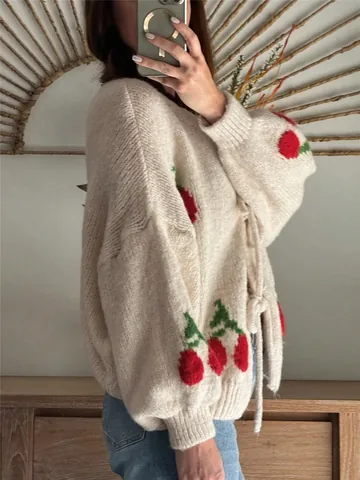 Women Loose Knit Cardigan Strawberry Cherry Jacquard Tie Up Sweater Top Long Sleeve Casual Autumn Winter Knitted Jacket