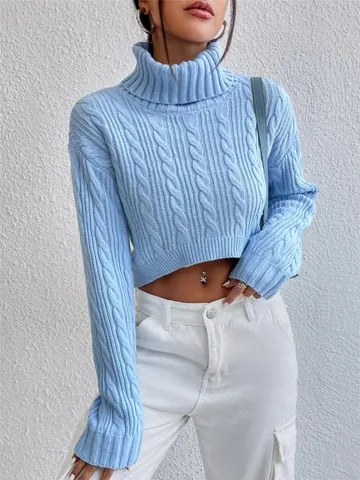 Women's Casual Turtleneck Cable Knit Cropped Sweater Acrylic Long Sleeve Loose Pullover Top Autumn Winter Streetwear