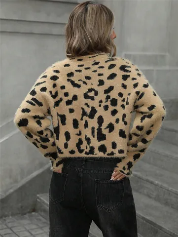 Pull En Tricot Imprimé Léopard Pour Femmes Automne Hiver Court Col Rond Fausse Fourrure De Vison Ample Streetwear Top