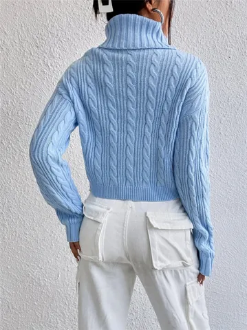 Women's Casual Turtleneck Cable Knit Cropped Sweater Acrylic Long Sleeve Loose Pullover Top Autumn Winter Streetwear