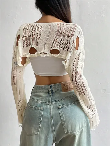 Women's Western Style Polyester Knitted Shrug Distressed Hollow Out Crochet Pullover Cropped Long Sleeve Sweater Top