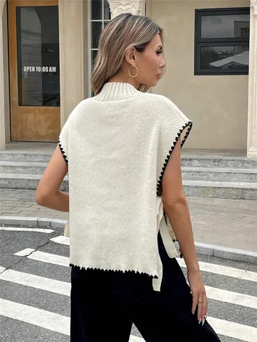 Women Contrast Color Scalloped Trim Bow Tie Side Knit Sweater Vest Sleeveless Mock Neck Loose Pullover Top Streetwear