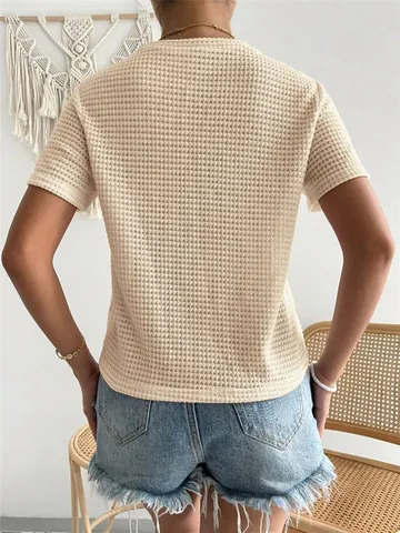 Γυναικείο Casual T-Shirt με Πλέξη Βάφλα Απλή Στρογγυλή Λαιμόκοψη Κοντό Μανίκι Χαλαρό Τοπ Μονόχρωμο Πλεκτό Tee Καλοκαιρινά Ρούχα