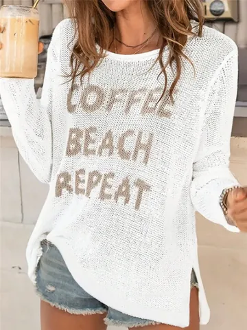 Women's Round Neck Long Sleeve Side Slit Hollow Crochet Knitted Sweater Casual Letter Print Polyester Pullover Top