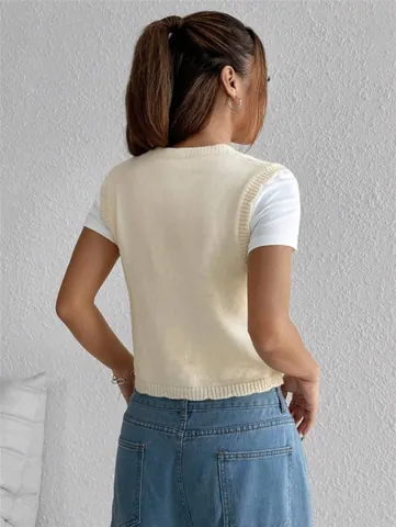 Women Embroidered Knit Sweater Vest V Neck Sleeveless Button Down Cardigan Floral Pattern Casual Acrylic Knitwear Top