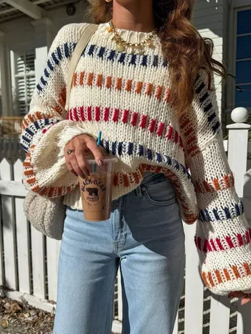 Women's Vintage Colorblock Chunky Knit Sweater Loose Batwing Sleeve Pullover Retro Casual Striped Knitwear Top For Autumn Winter