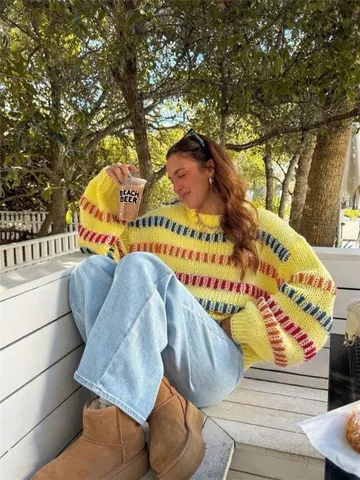 Women's Vintage Colorblock Chunky Knit Sweater Loose Batwing Sleeve Pullover Retro Casual Striped Knitwear Top For Autumn Winter