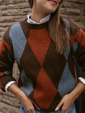 Pull en Tricot à Motif Argyle Rétro pour Femmes Coupe Ample Col Rond Manches Longues Automne Hiver Décontracté Polyester Top