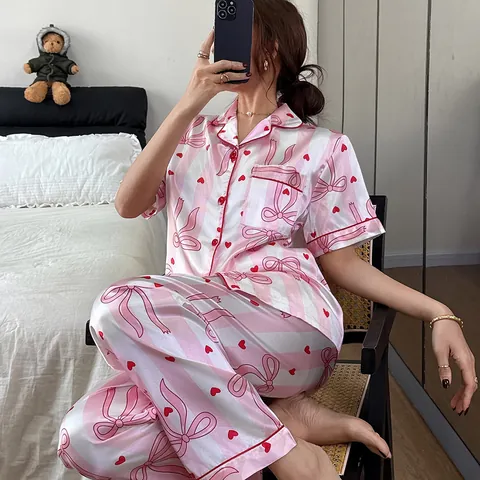 Women's Striped Bow Print Satin Pajama Set Lapel Short Sleeve Button Down Top And Bottom Loungewear Casual Soft Sleepwear