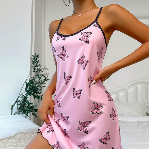 Women Sexy Butterfly Print Cami Nightgown Summer Sleeveless Backless Mini Slip Dress Pajama Home Wear Comfortable Sleepwear