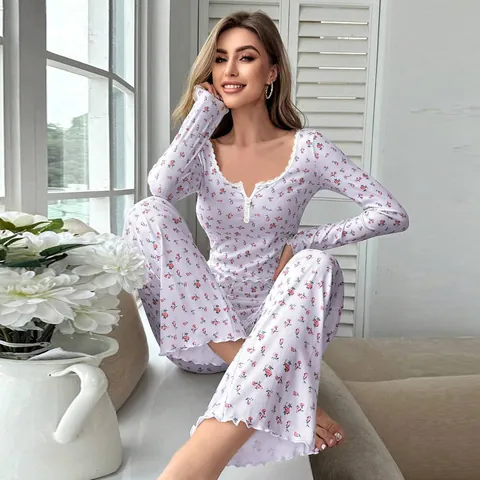 Women Floral Printed Ribbed Pajama Set Lace V Neck Long Sleeve Top And Bottom Soft Elastic Loungewear Casual Sleepwear Wear