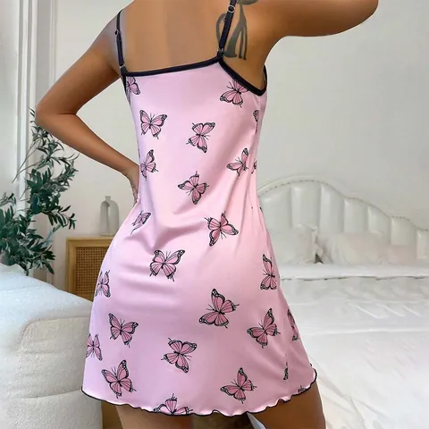 Women Sexy Butterfly Print Cami Nightgown Summer Sleeveless Backless Mini Slip Dress Pajama Home Wear Comfortable Sleepwear