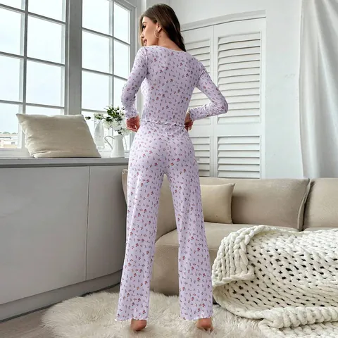 Women Floral Printed Ribbed Pajama Set Lace V Neck Long Sleeve Top And Bottom Soft Elastic Loungewear Casual Sleepwear Wear