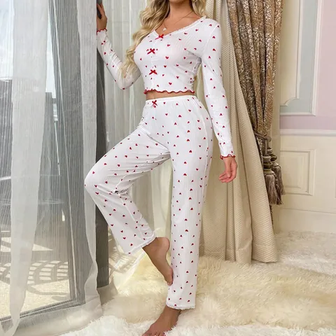 Women Long Sleeve Pajama Set Heart Print V Neck Lettuce Trim Ribbed Loungewear Top And Bottom Loungewear Suit