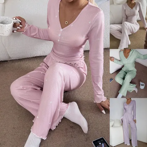 Conjunto de Pijama para el Hogar Acanalado Estilo Occidental para Mujer Estampado de Corazón Cuello en V Botón Top Y Bottom Ropa de Estar Por Casa