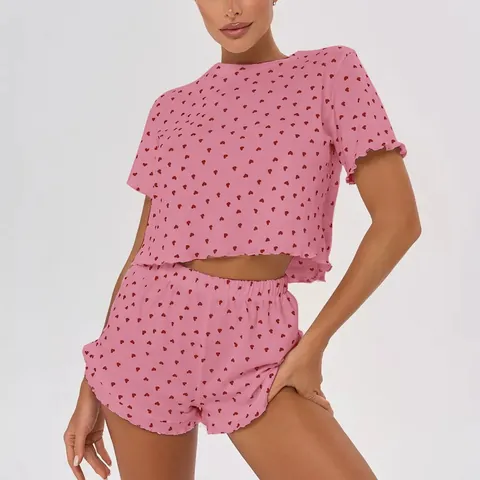 Women Sexy Cotton Heart Print Pajamas Soft Breathable Round Neck Crop Top And Bottom Lettuce Edge Short Sleeve Homewear Sleepwear Set