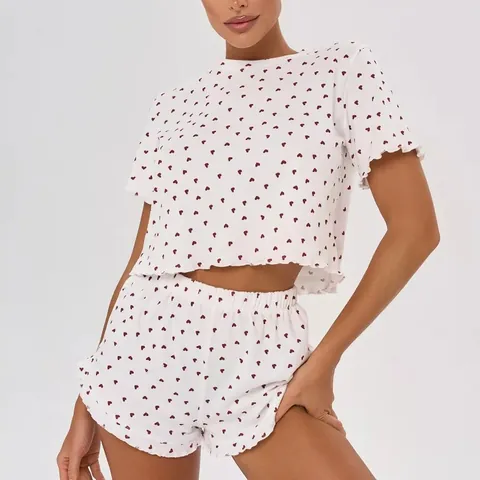 Women Cotton Heart Cherry Print Short Sleeve Top And Bottom Sweet Lettuce Edge Sleepwear Loungewear Nightwear Casual Pajamas