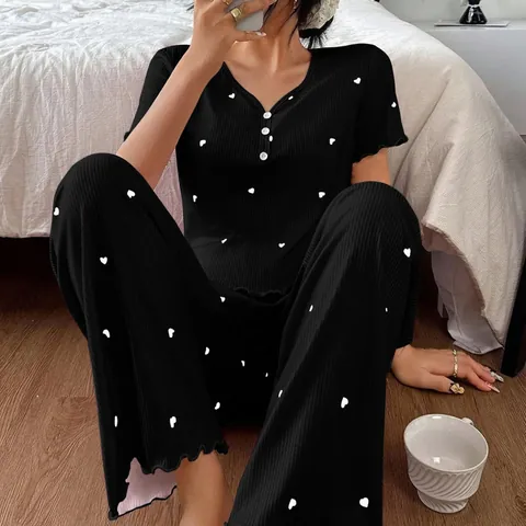 Women Summer Heart Print Ribbed Pajama Top And Bottom Short Sleeve V-Neck Lettuce Trim Casual Home Service Sleepwear Suit