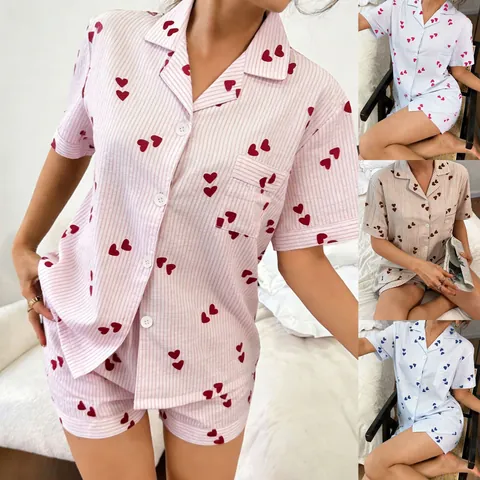 Women Stripe Heart Print Pajama Top And Bottom Short Sleeve Lapel Button Down Lounge Wear Polyester Spandex Summer Home Wear