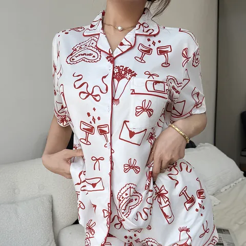 Women European Style Summer Pajamas Lapel Button Short Sleeve Top and Shorts Set Printed Casual Comfortable Loungewear