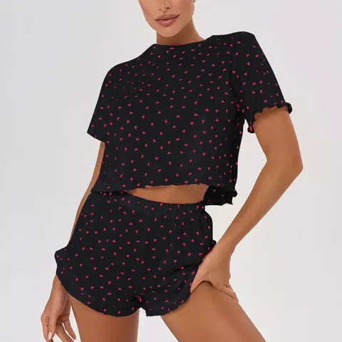 Women Casual Cotton Heart Print Pajamas Set Short Sleeve Top And Bottom Lettuce Edge Loungewear Sleepwear Homewear