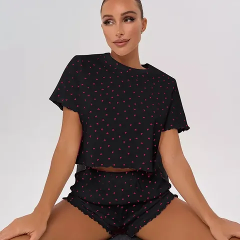 Women Casual Cotton Heart Print Pajamas Set Short Sleeve Top And Bottom Lettuce Edge Loungewear Sleepwear Homewear