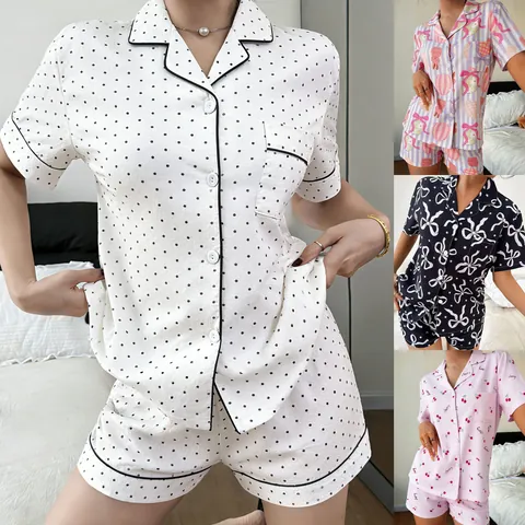 Damen Mode Schlafanzug Oberteil Und Unterteil Polyester Kurzarm Revers Knopf Hemd Und Shorts Loungewear Gemustertes Nachtwäsche Set