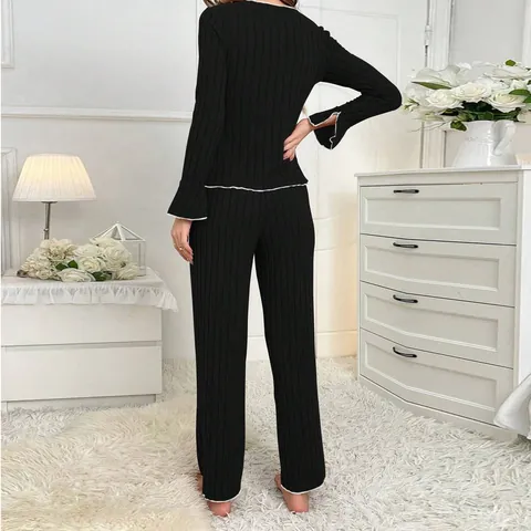 Women Sexy Ribbed Pajama Top And Bottom Long Sleeve Lapel Contrast Piping Bow Printed Pajamas Homewear Autumn Winter