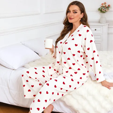 Plus Size Women Pajama Set Heart Print Long Sleeve V-Neck Button Down Top And Bottom Casual Loose Sleepwear Home Clothes
