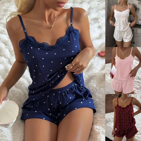 Women's Ribbed Heart Print Pajama Set Lace Trim Camisole Top And Bottom Loungewear Sleeveless Sleepwear Polyester Spandex