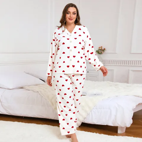 Plus Size Women Pajama Set Heart Print Long Sleeve V-Neck Button Down Top And Bottom Casual Loose Sleepwear Home Clothes
