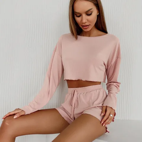 Women Ribbed Knit Top And Bottom Loungewear Set Long Sleeve Crop Top And Drawstring Shorts Casual Pajamas