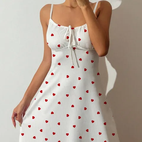 Women Sexy Heart Print Camisole Nightdress Ribbed Knit Bow Spaghetti Strap Sleepwear Ruffle Hem Loungewear Sweet Summer Nightgown