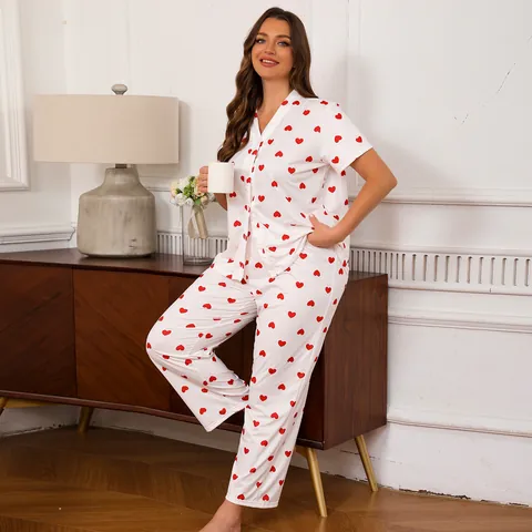 Dames Grote Maten Pyjama Set Hart Print Korte Mouw Knoopsluiting Top And Bottom Loungewear Polyester Casual Nachtkleding