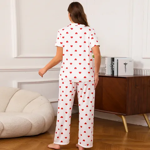 Dames Grote Maten Pyjama Set Hart Print Korte Mouw Knoopsluiting Top And Bottom Loungewear Polyester Casual Nachtkleding
