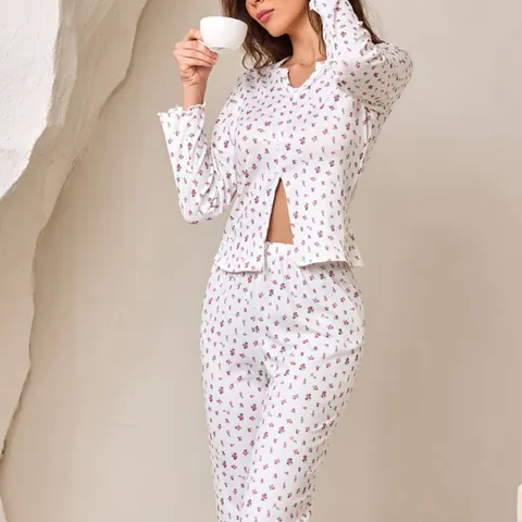 Women's V Neck Long Sleeve Floral Print Pajama Top And Bottom Ribbed Knit Lettuce Edge Loungewear Top And Bottom