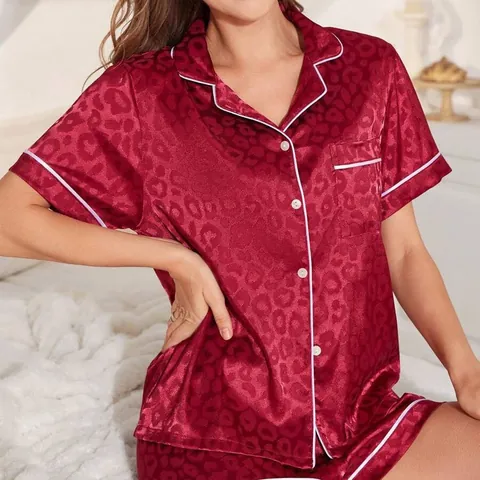 Women Leopard Print Satin Pajamas Top And Bottom Lapel Short Sleeve Sleepwear Contrast Piping Homewear Nightwear Set