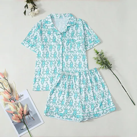 Damen Schlafanzug-Set Cartoon Affe Druck Kurzarm Button Down Hemd Und Shorts Kontrastpaspel Nachtwäsche Home Wear