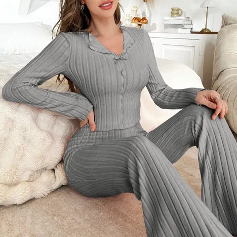 Women Ribbed Knit Pajama Top And Bottom Lapel Bow Tie Long Sleeve Flared Pants Loungewear Autumn Winter Thickened Home Suit
