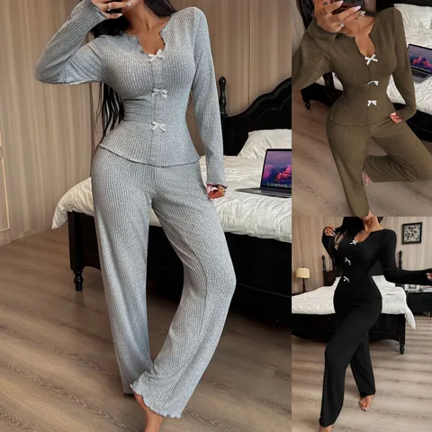 Women Ribbed Knit Pajamas Set V-Neck Bow Long Sleeve Top And Bottom Thermal Sleepwear Casual Home Wear Set