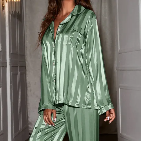 Women Striped Satin Pajamas Notch Lapel Button Down Long Sleeve Top And Bottom Loungewear Casual Sleepwear Nightwear