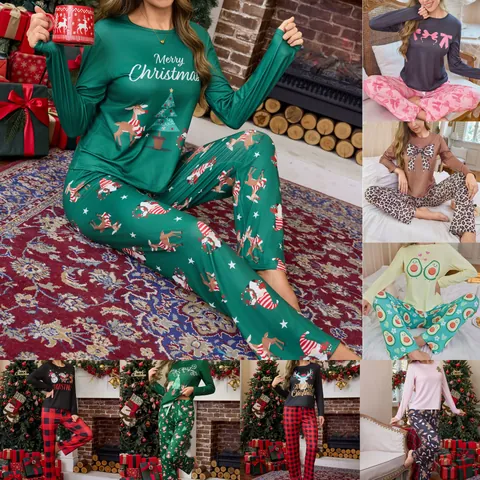 Women Christmas Loungewear Set Long Sleeve Top And Bottom Festive Printed Pullover Pajamas Set For New Year Casual Home Wear