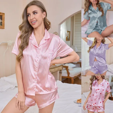Women Satin Pajama Set Striped Heart Print Short Sleeve Button Down Shirt And Shorts Lounge Wear Set Pajamas For Women