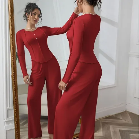 Women's Casual Ribbed Pajama Set Long Sleeve Button Top And Bottom Loungewear Set Solid Color Lettuce Edge Homewear