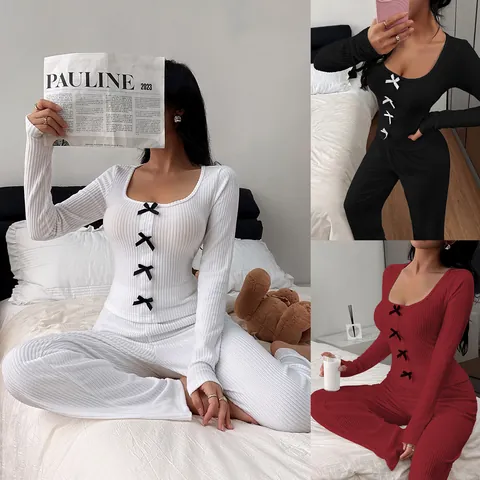 Women's Ribbed Knit Pajama Set Bowknot Thick Homewear Long Sleeve Top And Bottom Leisure Lounge Set Solid Ribbed Pajamas