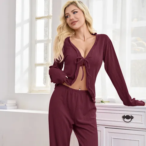 Women's European Style Sexy Pajama Set Ribbed Tie-Front Cardigan Long Sleeve Top And Pants Casual Loungewear Two-Piece Set