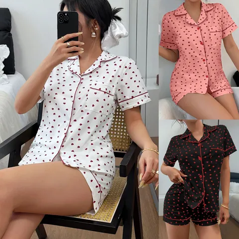 Women Cotton Heart Print Pajamas Set Contrast Binding Short Sleeve Top And Bottom Loungewear Casual Lapel Sleepwear Set