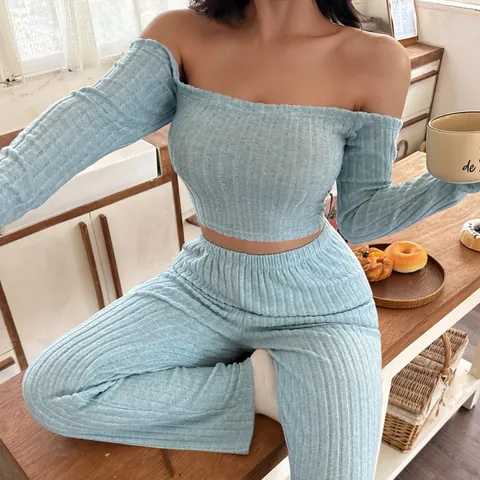 Women Ribbed Knit Off-Shoulder Top And Bottom Loungewear Set Sexy Long Sleeve Crop Top Wide Leg Pants Pajamas Set