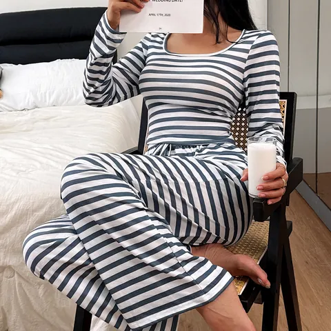 Women Square Neck Striped Pajama Set Long Sleeve Top And Bottom Loungewear Casual Sleepwear Polyester Stripe Printed