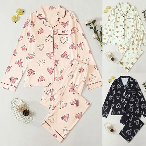 Women Heart Print Pajama Set Lapel Button Down Long Sleeve Top And Bottom Loungewear Milk Silk Soft Comfortable Sleepwear For Ladies